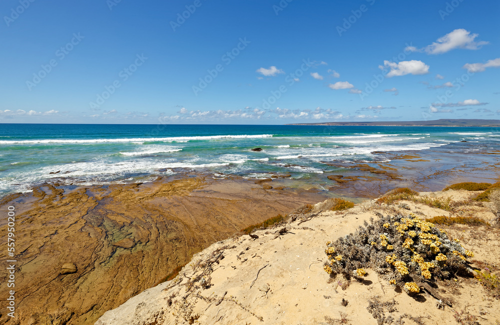 A beautiful view over the coastline of Witsand, South Africa, with blue skies and sunny weather.