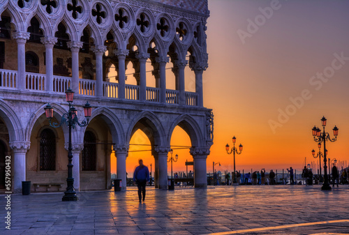 Doge Palace and Piazza San Marco at sunrise in Venice  Italy.
