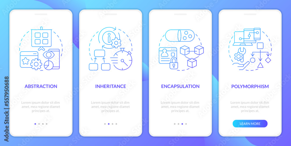 Object oriented programming basic rules blue gradient onboarding mobile app screen. Walkthrough 4 steps instruction with linear concepts. UI, UX, GUI template. Myriad Pro-Bold, Regular fonts used
