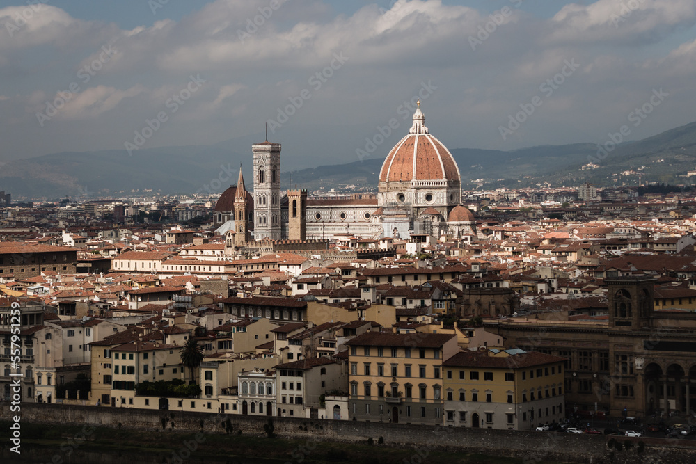 Blick über italienische Stadt Florenz mit alten Häusern und roten Dächern.