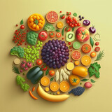 Vegetables and fruits on a green background. Healthy food concept. Generative AI.