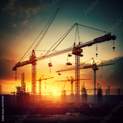 Cranes constructing buildings. Generative AI.