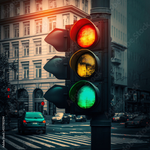 Traffic light in the city. Generative AI.