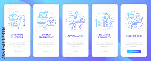 Functional programming pros blue gradient onboarding mobile app screen. Walkthrough 5 steps graphic instructions with linear concepts. UI, UX, GUI template. Myriad Pro-Bold, Regular fonts used