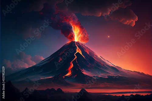 Erupting volcano with lava. Generative AI