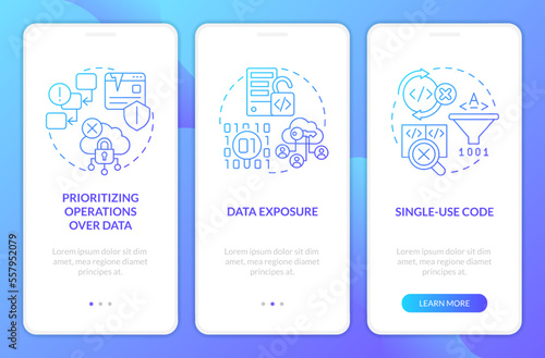 Procedural programming limitations blue gradient onboarding mobile app screen. Walkthrough 3 steps graphic instructions with linear concepts. UI, UX, GUI template. Myriad Pro-Bold, Regular fonts used