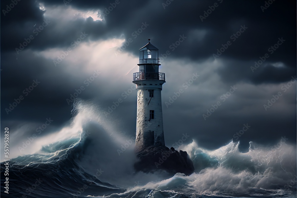 Lighthouse on an ocean thunderstorm big waves. Generative AI