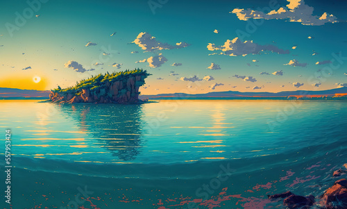 ocean landscape, anime cartoon landscape, illustration