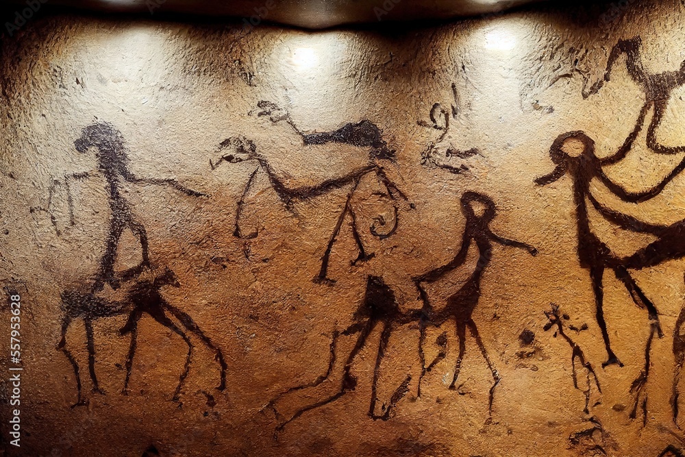 Stockillustratie Prehistorical cave paintings of hunting scene with