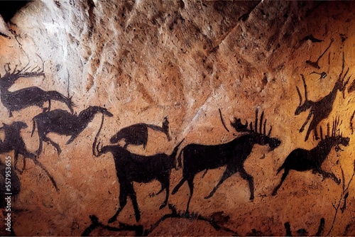 Prehistorical cave paintings of hunting scene with deers and horses and wolves neanderthal primitive art inspired by Lascaux caves photo