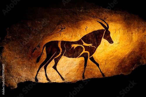 Prehistorical cave paintings of hunting scene with deers and horses and wolves neanderthal primitive art inspired by Lascaux caves photo