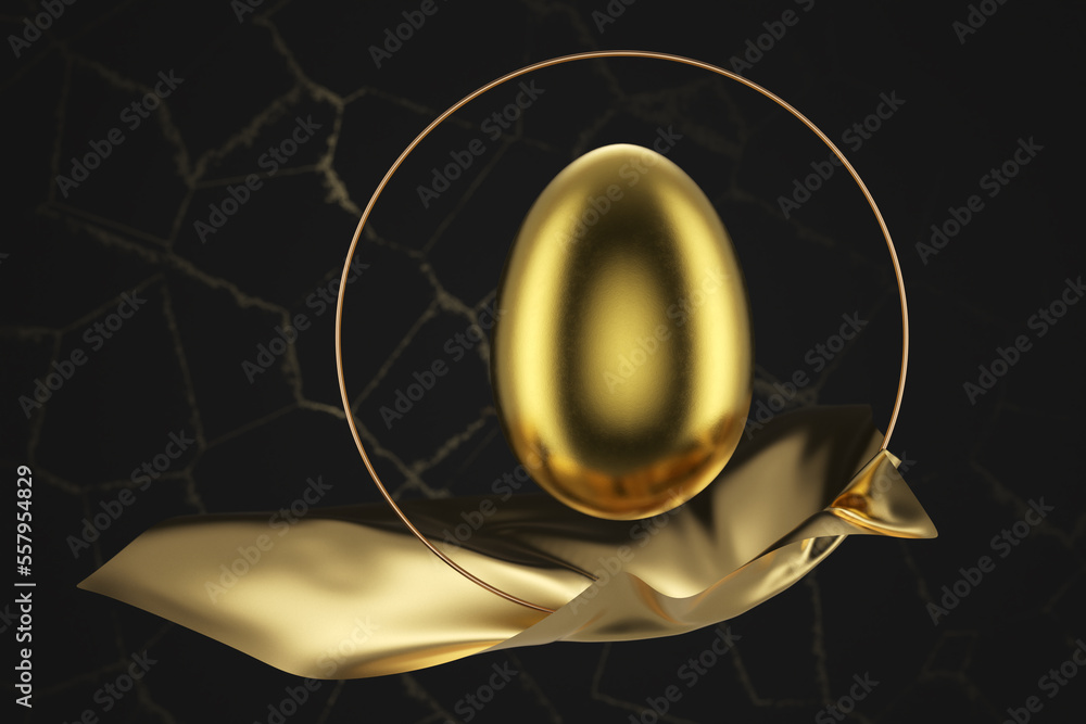 Luxury Easter card. Golden egg on a dark background. 3d render.