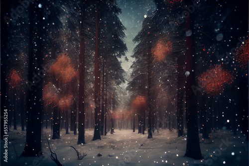 Cold winter snowflakes on forest. Generative AI