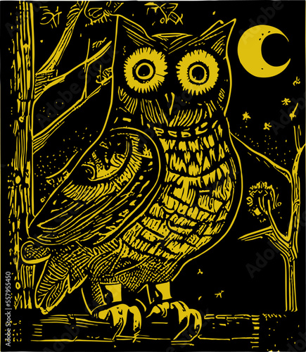 Vector hand drawn Owl sitting on branch in the style of lino print. Black and white art. Ethnic patterned illustration for poster, print, t-shirt.