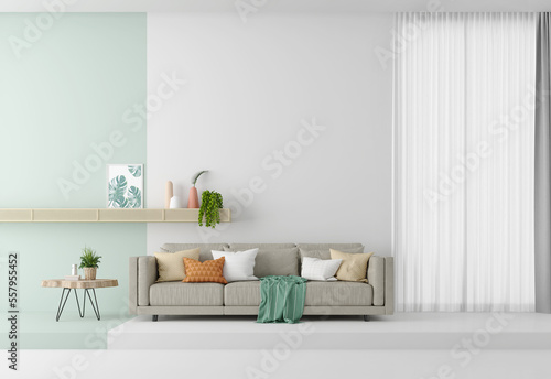 White living room minimal style with curtain and green wall.3d rendering