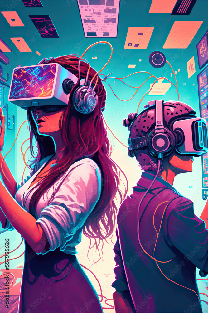 Man and woman playing metaverse, VR Man and woman playing metaverse, VR