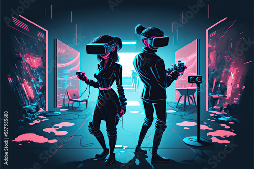 Man and woman playing metaverse, VR