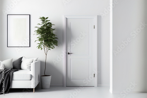 White interior with a door  wall  and bedroom that are all blank. mockup for an illustration. Generative AI