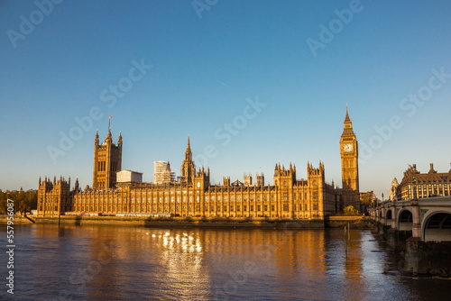 Westminster Palace and Big Ben, the Great Bell of the Great Clock of Westminster along the River Thames with Westminster Bridge in London, England