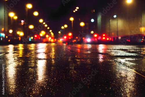 llustration of distant photograph of night street with lights reflected by wet pavement, urban lifestyle concept, night city lights, made with generative AI technology