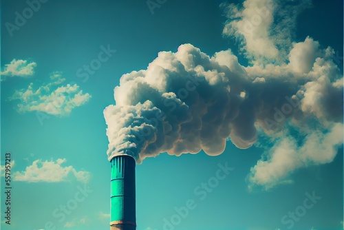 Foto Factory chimney with white smoke from a pipe in the blue sky