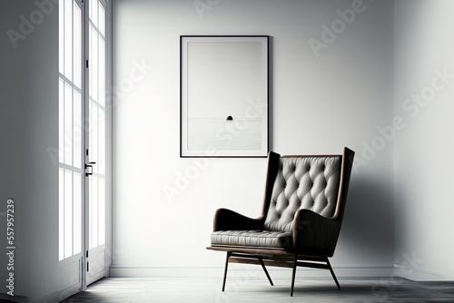 An armchair in a contemporary  minimalist setting against a background of a blank white wall. Generative AI