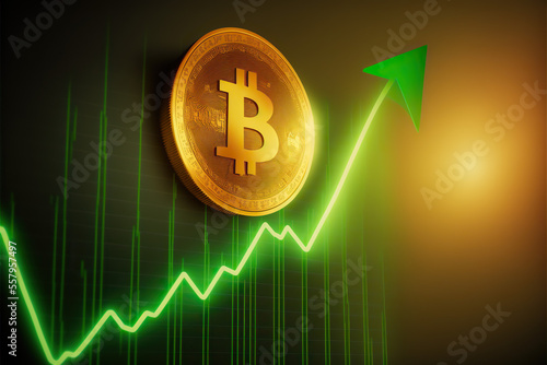 Bitcoin golden coin Price growing concept, Bitcoin digital cryptocurrency on green chart background