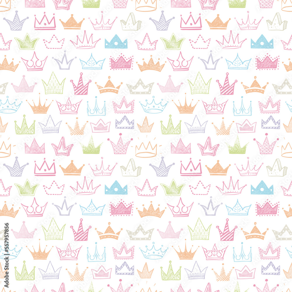 Seamless backrgound with colored doodle crowns. Can be used for wallpaper, pattern fills, textile, web page background, surface textures. Seamless backrgound with colored doodle crowns. Can be used for wallpaper, pattern fills, textile, web page background, surface textures.