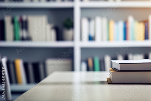 Wallpaper Mural Cropped image of a white table in a murky study room filled with books, office supplies, and copy space. Generative AI Torontodigital.ca