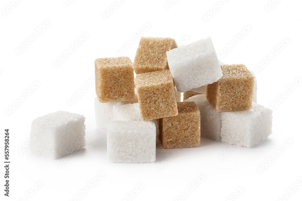 White and brown sugar cubes, isolated on white background White and brown sugar cubes, isolated on white background