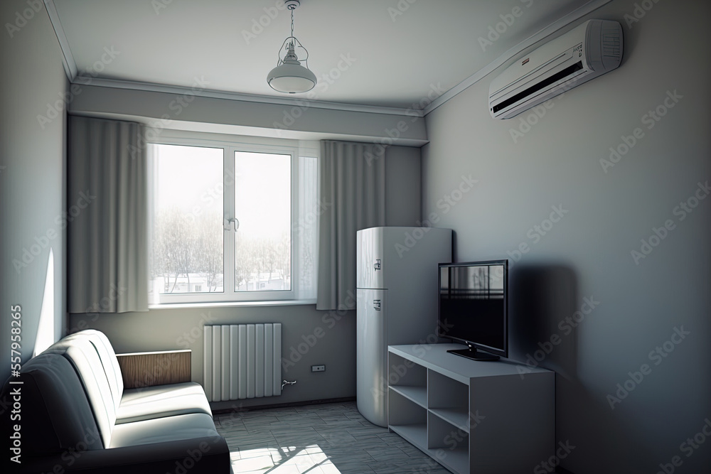 Fototapeta premium Inside of a modest room in a rental unit. Generative AI