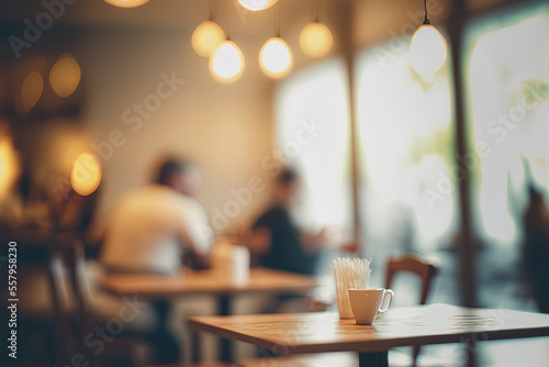 Background of an abstractly blurred restaurant interior using a vintage light filter. Generative AI