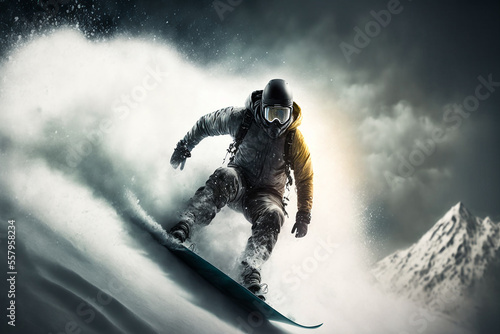 snowboarder on the slope, snowboard, extreme sport. Generative AI