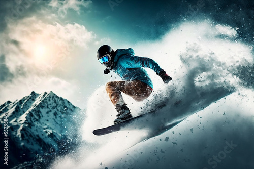 snowboarder on the slope, snowboard, extreme sport.Generative AI