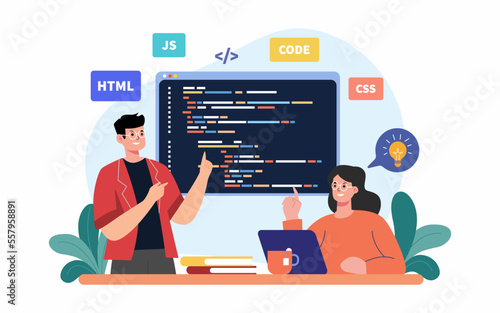 Man and woman working as programmer, writing code using laptop Illustration development programmer, programming and coding