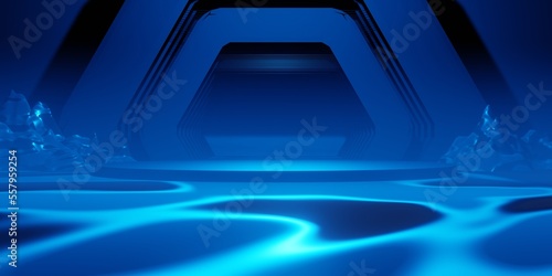 gaming background abstract wallpaper, cyberpunk style scifi game, neon glow of stage scene in pedestal display room, 3d illustration rendering, esports team concept