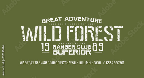 Cyrillic stencil-plate sans serif font in military style