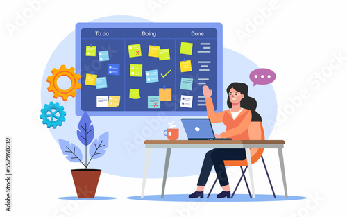 Planning and organization of tasks on board with daily work, agenda notes and work done Concept of good time management