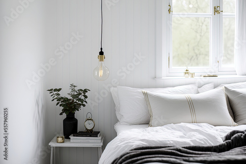 White bedroom interior with a simple bulb lamp suspended from a rope over the bed, books, white sheets, and a gold fern leaf on an end table. Generative AI
