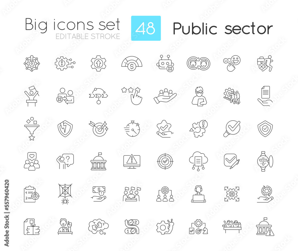 Public sector linear icons set. Services and enterprises. Government digital transformation. Administration. Customizable thin line symbols. Isolated vector outline illustrations. Editable stroke Public sector linear icons set. Services and enterprises. Government digital transformation. Administration. Customizable thin line symbols. Isolated vector outline illustrations. Editable stroke