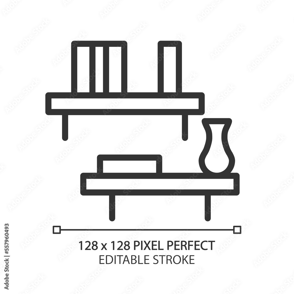 Floating shelf pixel perfect linear icon. Wooden furnishing. Decorative shelving. Contemporary home furniture store. Thin line illustration. Contour symbol. Vector outline drawing. Editable stroke Floating shelf pixel perfect linear icon. Wooden furnishing. Decorative shelving. Contemporary home furniture store. Thin line illustration. Contour symbol. Vector outline drawing. Editable stroke