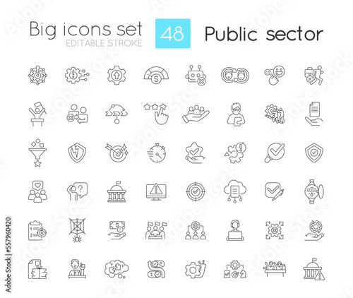 Public sector linear icons set. Services and enterprises. Government digital transformation. Administration. Customizable thin line symbols. Isolated vector outline illustrations. Editable stroke