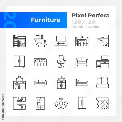 Furniture department pixel perfect linear icons set. Furnishing for living room, bedroom. Homeware for apartment. Customizable thin line symbols. Isolated vector outline illustrations. Editable stroke