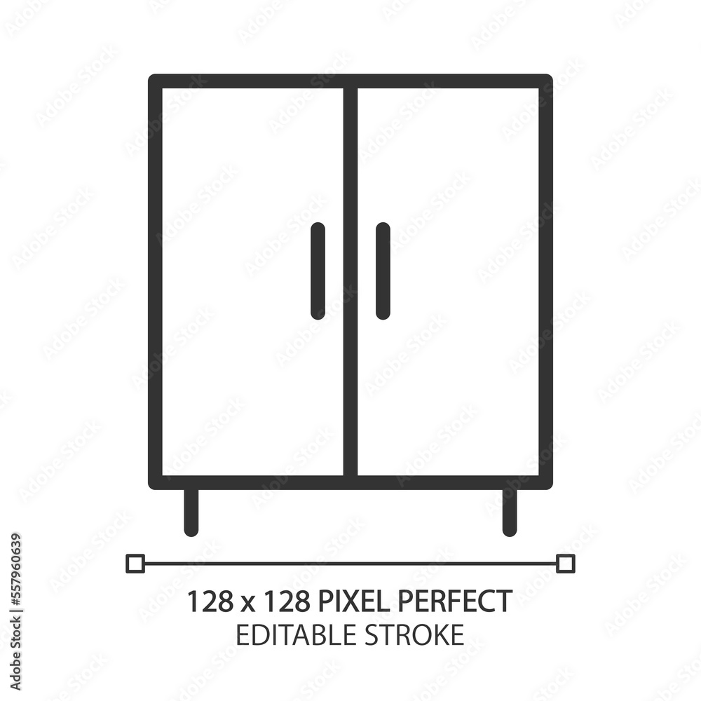 Cabinet pixel perfect linear icon. Decorative sideboard. Living room. Cupboard with doors. Home furniture store. Thin line illustration. Contour symbol. Vector outline drawing. Editable stroke Cabinet pixel perfect linear icon. Decorative sideboard. Living room. Cupboard with doors. Home furniture store. Thin line illustration. Contour symbol. Vector outline drawing. Editable stroke