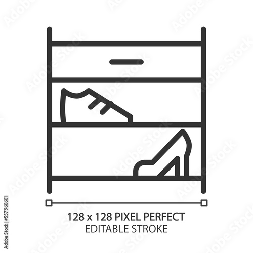Shoe rack pixel perfect linear icon. Footwear storage organizer. Modern contemporary home furniture store. Shelving. Thin line illustration. Contour symbol. Vector outline drawing. Editable stroke