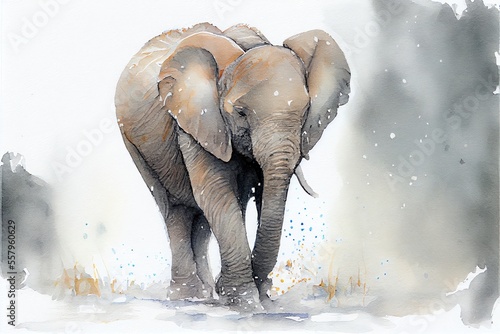 Watercolor illustration of a baby elephant. Generative AI