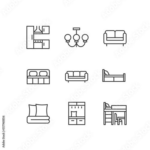 Modern contemporary furniture shop pixel perfect linear icons set. Bedroom and living room. Kitchen appliances. Customizable thin line symbols. Isolated vector outline illustrations. Editable stroke