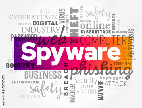 Spyware is software with malicious behaviour that aims to gather information about a person or organization, word cloud concept background