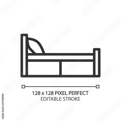 Single bed pixel perfect linear icon. Bedstead for solo sleeper. Bedroom furnishing. Contemporary home furniture store. Thin line illustration. Contour symbol. Vector outline drawing. Editable stroke