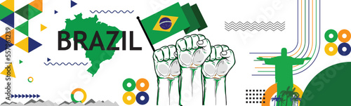 Modern retro design with Rio landmarks abstract icons.Brazil with Flag and map of raised fists. National day or Independence day design for Brazilian celebration. Vector illustration